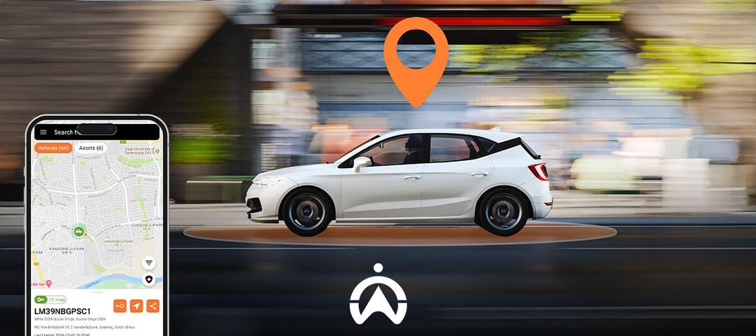 A white car drives past with a location pin above it; a smartphone displays a map interface on the left.